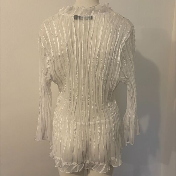Notations size XL Sheer White Ruffle Y2K Tie Front 70s Style Office Siren Blouse - Picture 2 of 6